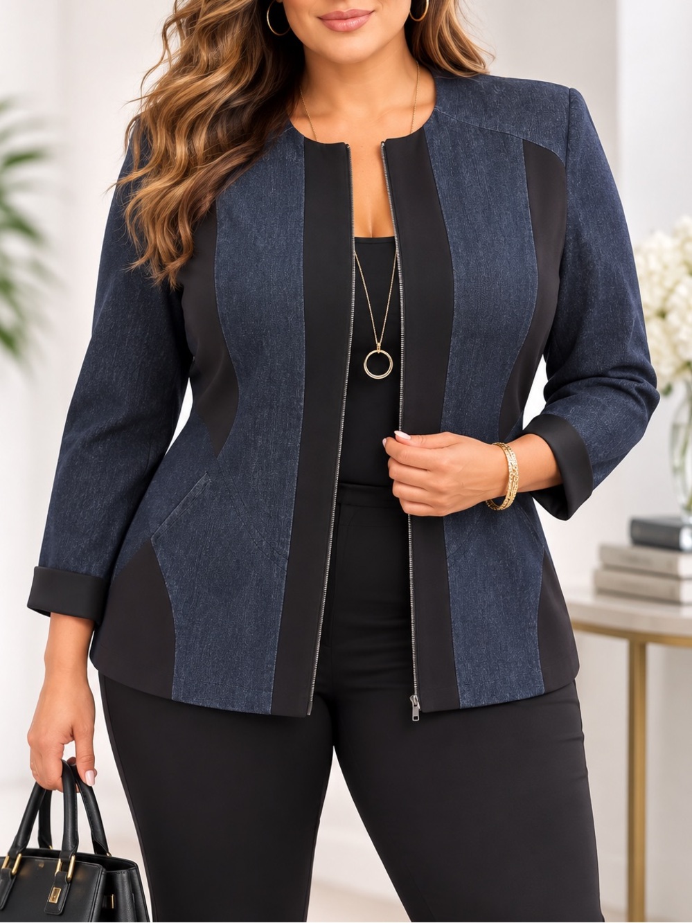 Focus 2000 Colorblock Zip Front Career Jacket Blazer Blue Black Size 8
(K15)
